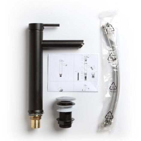 BWE Rubinetto Per Lavabo Nero Opaco - Miscelatore Monoforo A Cascata, In Ottone Massiccio, Con Scarico Pop-up