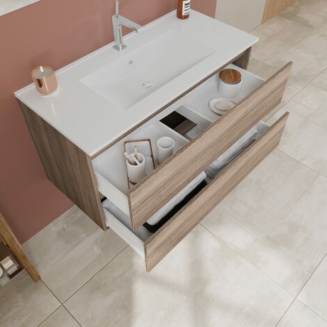 MOBILE PER BAGNO SOSPESO 100CM 2 CASSETTI SOTTOLAVABO QUERCIA