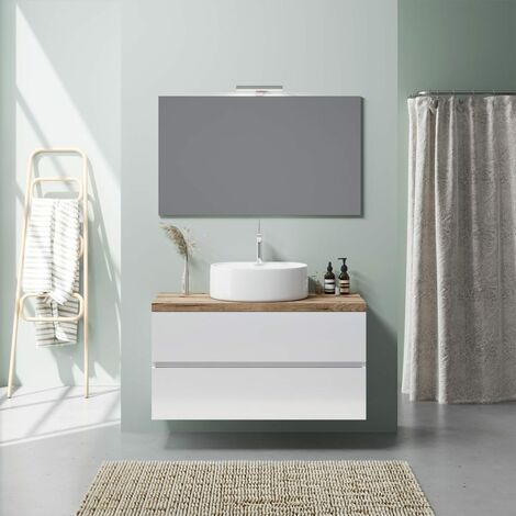 Mobile Bagno Sospeso 100Cm Bianco Lucido Top Rovere Lavabo A Ciotola  Elba