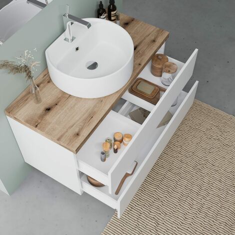 Mobile Bagno Sospeso 100Cm Bianco Lucido Top Rovere Lavabo A Ciotola  Elba