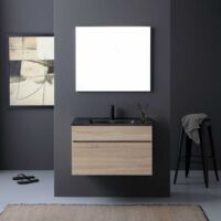 Mobile Bagno 80Cm Quercia Naturale Con Lavabo Nero E Specchio A Filo Sole