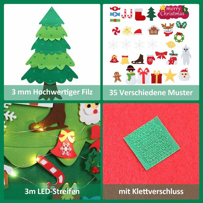 Hengda Filz Weihnachtsbaum DIY LED Künstliche 100cm für Geschenk Nachbildung Weihnachtsbäume Kinder Ornamente mit Weihnachten 32 Weihnachten Hängend DIY Set