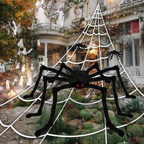HKC Mega Halloween-Set: Riesen-Spinnennetz 7x5,5m + 150cm Riesen-Spinne + 20 Kleine Spinnen + Spinnenweben - Grusel-Deko Für Garten, Haus & Party