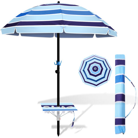 Gestreifter Strandschirm Mit UPF 50+ – Silberbeschichtet, Verstellbar In Höhe & Neigung, Mit Fransen, Fiberglas-Rippen