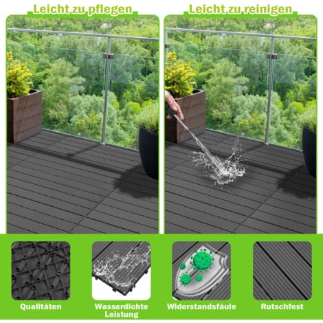 Hengda WPC Terrassenfliesen 12er Holzfliesen Balkonfliesen Klickfliese Kunststoff Bodenbelag Steckfliesen anthrazit