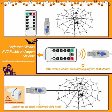 Halloween Spinnennetz Lichterkette 6x5m - 150 LED Orange/lila Mit Timer & 8 Modi