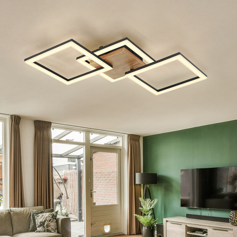 Deckenlampe LED Deckenleuchte Holz schwenkbar warmweiß, LxBxH Decke Metall Wohnzimmerleuchte opal, 66x31x7,5 schwarz, cm 2200Lm 30W
