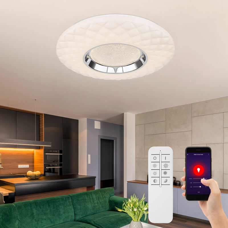 Sprachsteuerung, 30W 2200Lm 49x6,8cm dimmbar Deckenleuchte LED Home Wohnzimmerlampe CCT Smart Deckenlampe Fernbedienung warmweiß-kaltweiß, DxH Esszimmerlampe, App- Kristalle