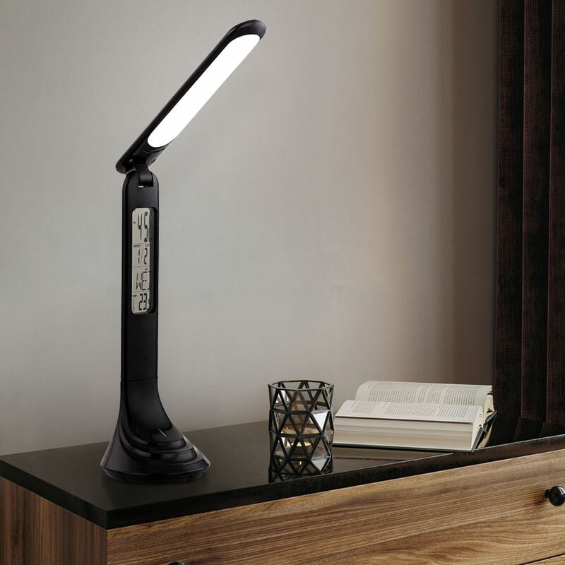 Schreibtischlampe 200lm Spot, 20x42,5 LxH beweglicher dimmbar LED neutralweiß, cm 4W Tischlampe mit schwarz, Uhr, Akku Nachttischlampe Touch Kabellose mit