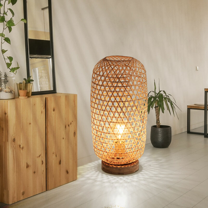 Tischleuchte Bambusgeflecht Tischlampe Bambus Beistellleuchte Boho  Wohnzimmer, natur, 1x E27 Fassung, DxH 22x46 cm