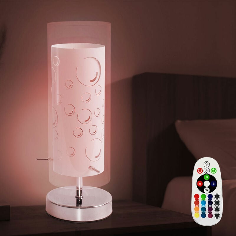 Tischleuchte Glas weiß Nachttischleuchte Schlafzimmer Tischlampe  Glasschirm, Motiv Luftblasen, Fernbedienung dimmbar, 1x RGB LED 3,5W 320Lm  warmweiß, DxH 12x34 cm