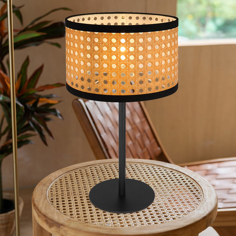 Tischleuchte Tischlampe rund Bambus-Optik, Wohnzimmerleuchte  Schreibtischlampe Nachttischleuchte Metall rund, E14 Fassung, H 40 cm