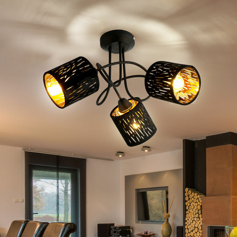 Decken Lampe schwarz gold Gäste Zimmer Design Beleuchtung Samt Textil Leuchte 