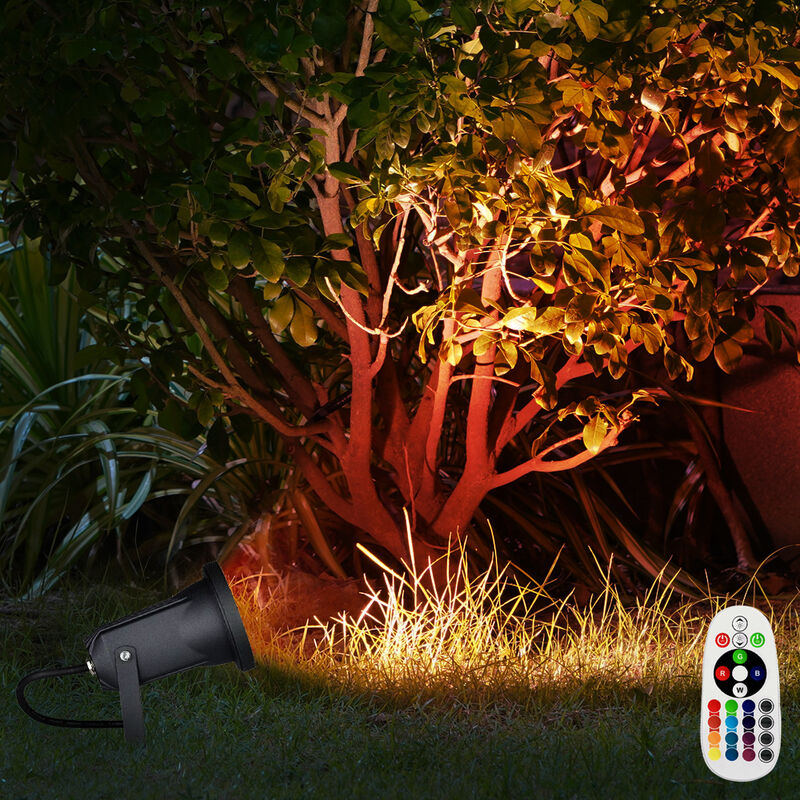 Außen Steckleuchte schwenkbar Außenleuchte Erdspieß Garten Stecklampe Aussen  Terrasse, Fernbedienung dimmbar, schwarz, 1x RGB LED 3,5W 290Lm warmweiß,  DxH 9,5x33,5 cm