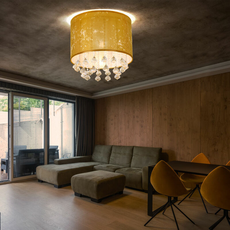 Decken Lampe Schlaf Gäste Zimmer Blatt-Gold Design inkl. Stoff Kristall Set Schirm Leuchtmittel Leuchte im LED