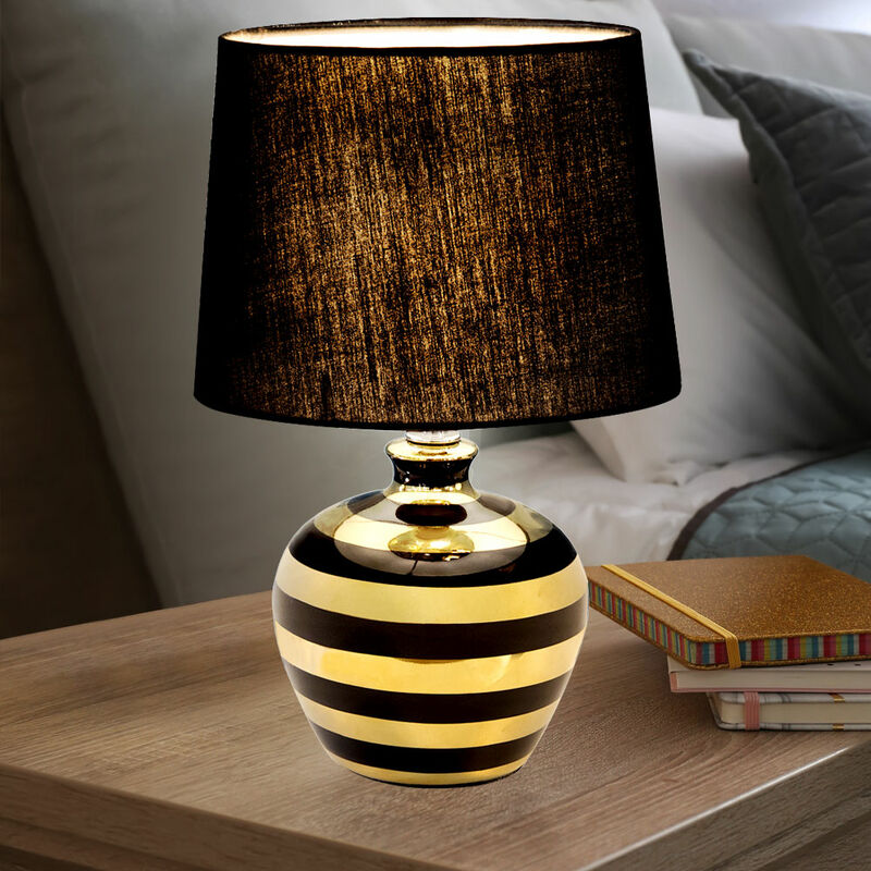 Keramik Tisch Lampe Wohn Arbeits 52200145 Zimmer schwarz gold Nino Textil Beleuchtung Leuchte