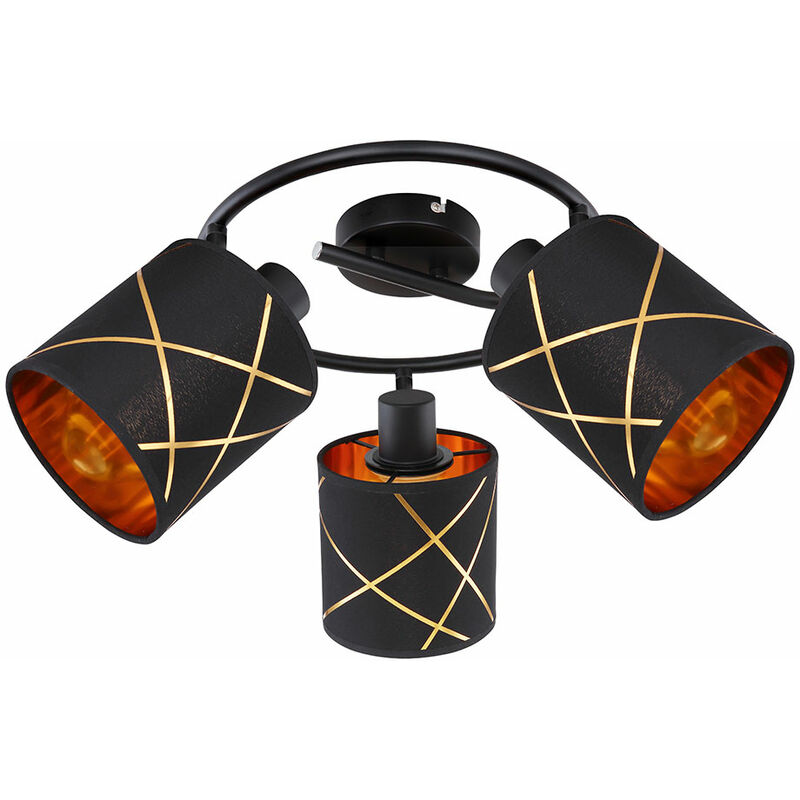 Metall cm 28x18,2 Deckenlampe 3x schwarz-gold Deckenrondell Spots, Metall Wohnzimmer beweglichen E27, mit Textil, 3-flammig DxH Deckenleuchte