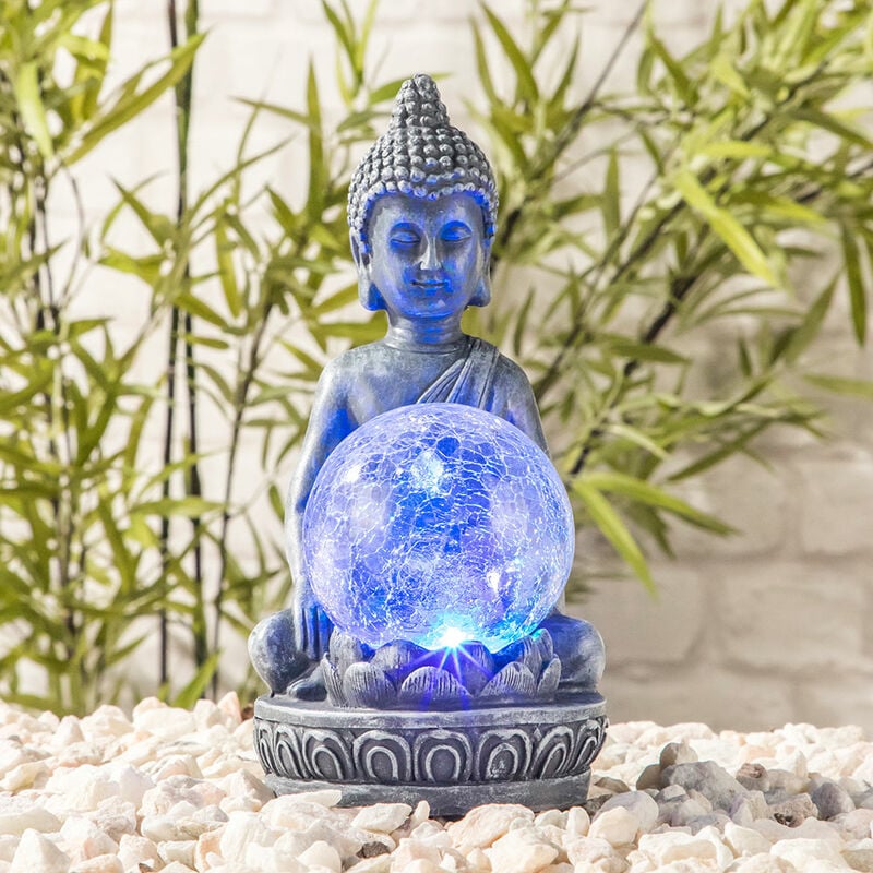LED Solarleuchte Buddha Figur mit crackle Glaskugel Garten Terrassen  Dekoration, farbwechsel, 1x LED warmweiß, H 19,5 cm
