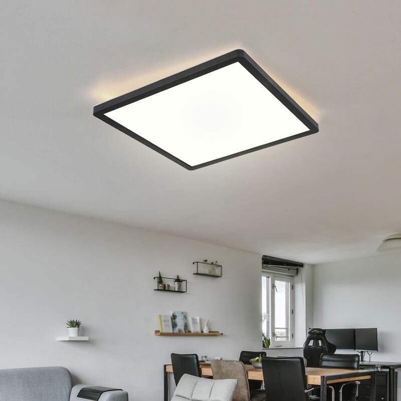 Badezimmer Lampe LED Deckenleuchte Deckenlampe IP44, Memoryfunktion,  Backlight, weiß schwarz opal satiniert, 1x LED 18W 1500Lm 3000K, HxLxB  2,5x29,4x29,4 cm