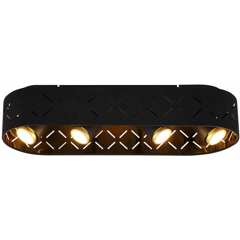 Deckenlampe Deckenleuchte Wohnzimmerlampe, 4 flammig Spots beweglich, Metall  Textil schwarz gold, 4x GU10 LED 4W 320Lm warmweiß, LxBxH 60x20x13cn