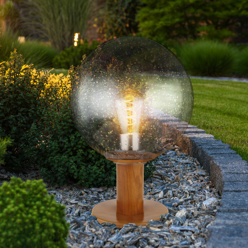 Garten Außenbeleuchtung Sockelleuchte Außen E27 Außenlampe Stehlampe, Alu  Holzoptik Glaskugel, Blasen-Optik, 1x E27 Fassung, DxH 25x38 cm