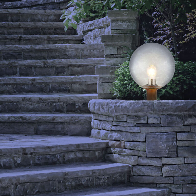 Garten Außenbeleuchtung Sockelleuchte Außen E27 Außenlampe Stehlampe, Alu  Holzoptik Glaskugel, Blasen-Optik, 1x E27 Fassung, DxH 25x38 cm | Standleuchten