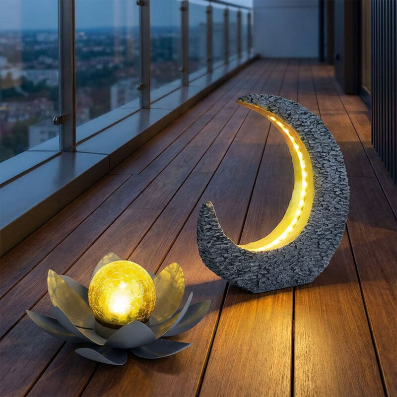 Gartendeko Solarlampen für Außen Lotosblume Tischdeko Gartentisch Garten  Solarleuchte für Balkon, Mondsichel mit Stein Optik Grau Gold, LED, 2er Set