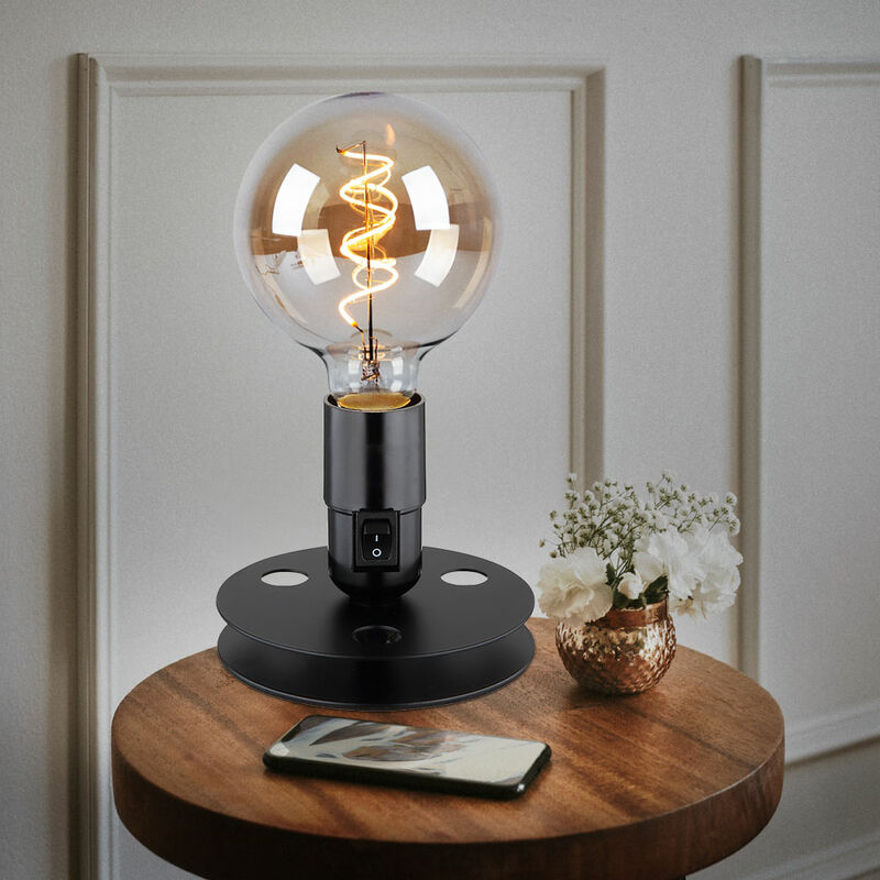 Tischlampe Vintage Nachttischlampe Industrial schwarz Tischlampenfuss ohne  Schirm, Schalter an der Fassung, Metall, 1x E27, DxH 12x9 cm