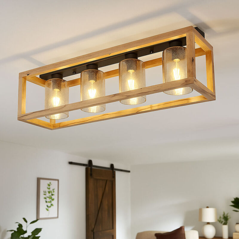 Deckenleuchte Im Landhaus-Stil – 4-flammig, Holzoptik Mit Rauchfarbenem Glas, 90 Cm Länge