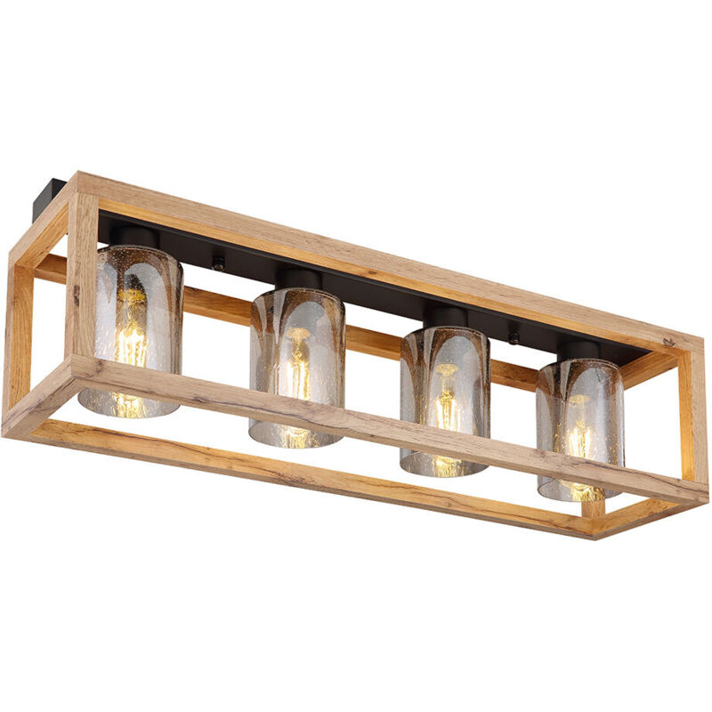Deckenleuchte Im Landhaus-Stil – 4-flammig, Holzoptik Mit Rauchfarbenem Glas, 90 Cm Länge
