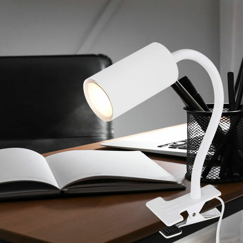 Schreibtischlampe klemmbar Schwanenhals Leselampe Bett Klemme Klemmleuchte  Schreibtisch, Kunststoff Metall weiß, 1x GU10, LxBxH 29x10x41,5 cm