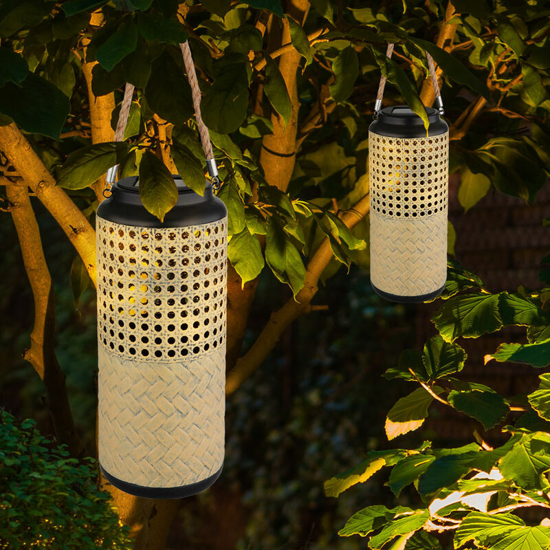 Solarleuchte Lampe Bambus Garten Solarlampen Rattan Laterne zum hinstellen  und aufhängen, 1x LED warmweiß, DxH 12 x 45 cm, 2er Set