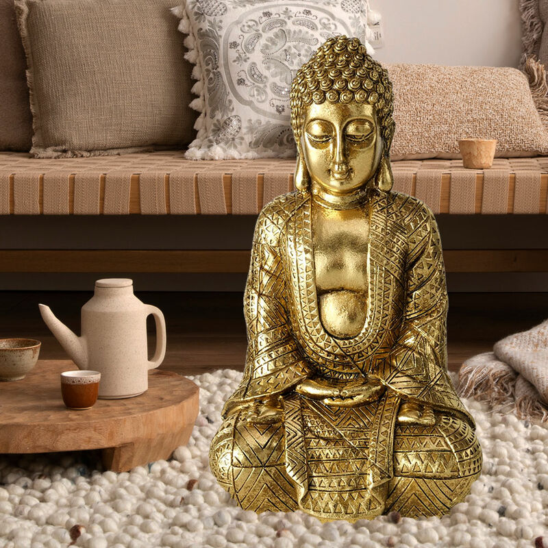 Buddha Figur Wohnzimmer Dekofigur Wohndekoration , Skulptur Asiatisch,  Kunstharz gold, LxBxH 12x10x20 cm