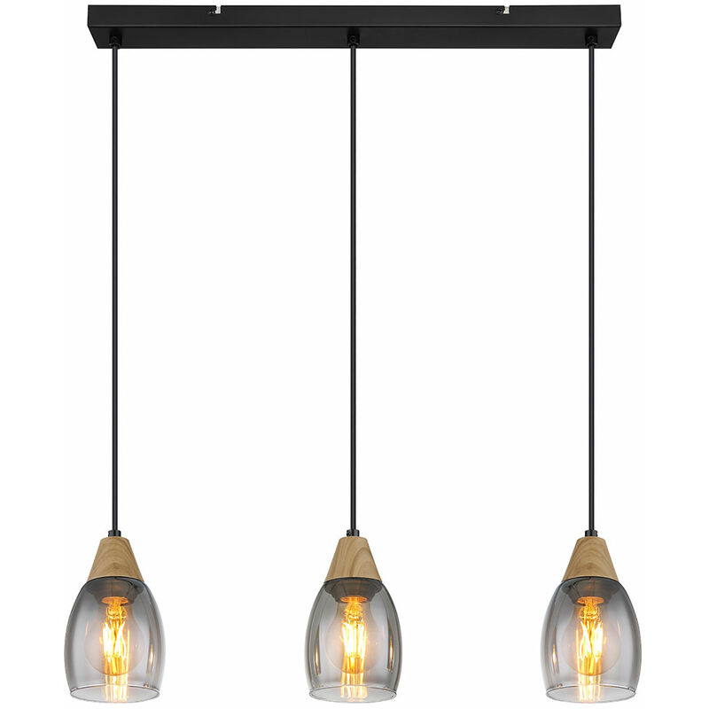 Pendelleuchte Glas Hängeleuchte Glas Lampe Rauchglas, 3 flammig Holz natur  Rauchglas Metall schwarz, 3x E27 Fassungen, LxBxH 55x10x120cm