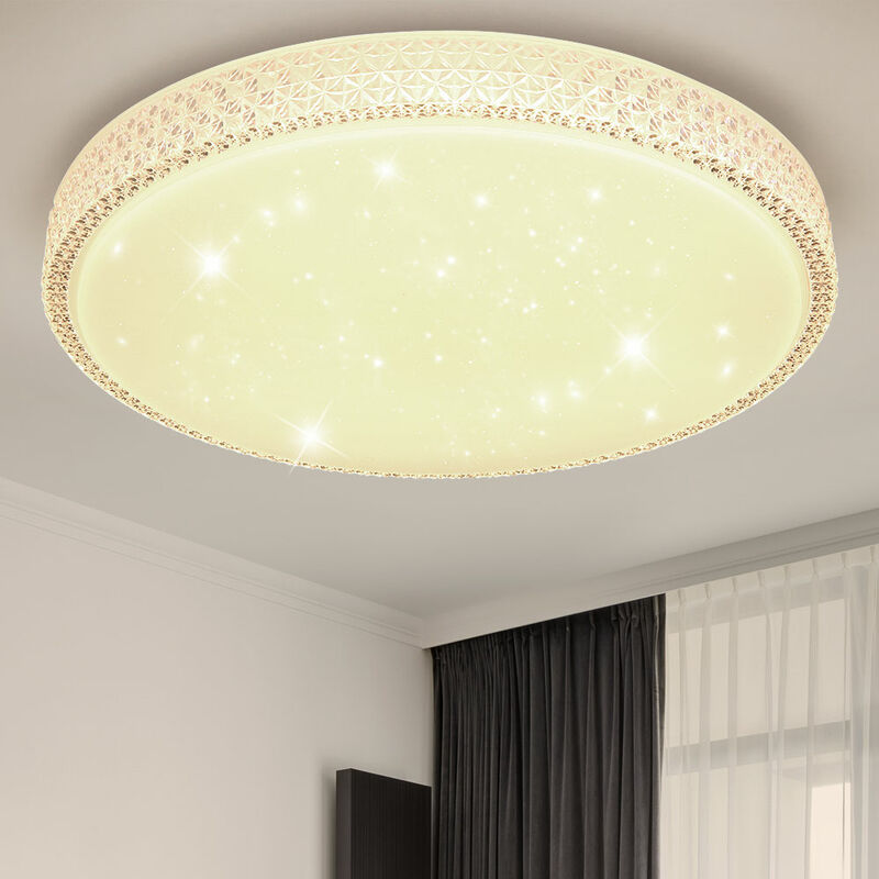 Deckenlampe Deckenleuchte Schlafzimmerlampe Wohnzimmer, dimmbar 40W Kristalle kaltweiß, weiß, Sterneneffekt CCT 1x warmweiß- Metall 60x11cm DxH 3200Lm LED Fernbedienung