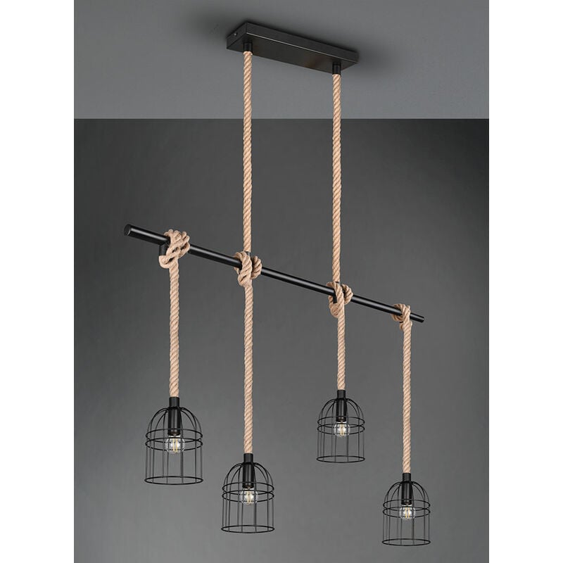 Pendelleuchte Hängeleuchte Esstischlampe Hängelampe Sisalseil Gitter  Design, Metall schwarz, 4x E14 Fassungen, BxH 90 x 150 cm