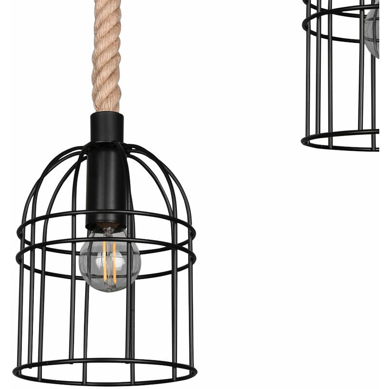 Pendelleuchte Hängeleuchte Esstischlampe Hängelampe Sisalseil Gitter  Design, Metall schwarz, 4x E14 Fassungen, BxH 90 x 150 cm