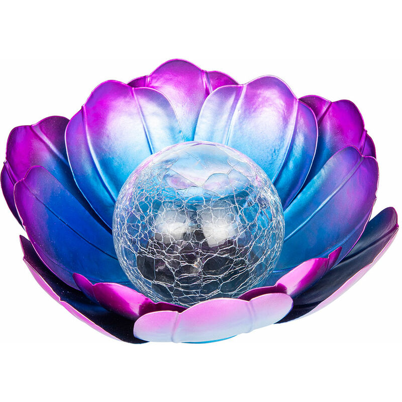 Außenlampe Retro Solarleuchte Garten Dekorlampe, LED Terrassenleuchte  wetterfest Lotusblüte Crackle Glas, Metall lila blau, 1x LED, LxBxH  25x25x10 cm