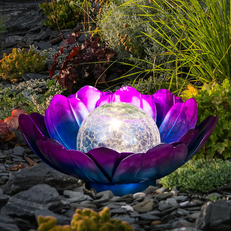 Außenlampe Retro Solarleuchte Garten wetterfest LED LxBxH LED, 25x25x10 Lotusblüte Metall Terrassenleuchte cm Glas, lila blau, Crackle Dekorlampe, 1x