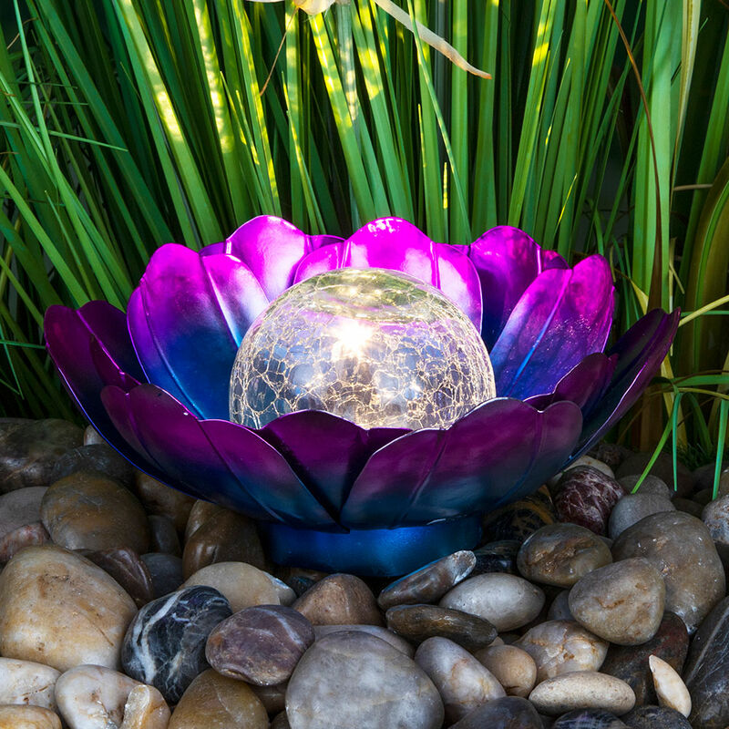 Außenlampe Retro Garten Terrassenleuchte blau, Glas, 1x Lotusblüte LED cm lila Metall Dekorlampe, Crackle LED, wetterfest Solarleuchte 25x25x10 LxBxH