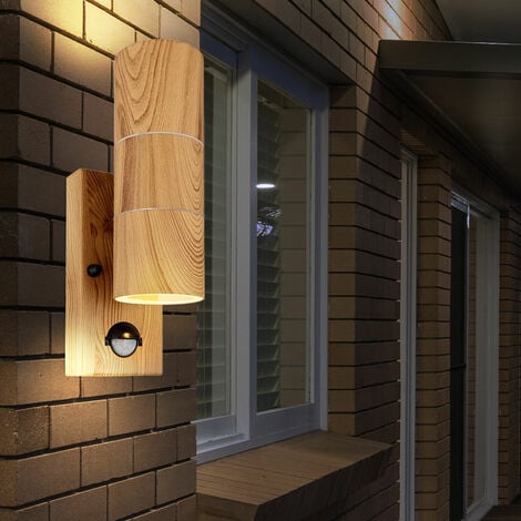 Wandleuchte Aussen Wandlampe Edelstahl Holzoptik Bewegungsmelder Außenlampe  Balkon, UP DOWN Glas, 2x GU10, BxH 7x21,5 cm, Terrasse