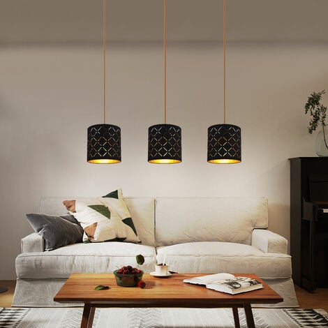 Pendelleuchte schwarz Hängelampe Esstisch Wohnzimmerlampe hängend 3  flammig, Dekorstanzungen Metall schwarz gold, 3x E27 Fassungen, LxBxH