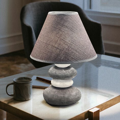 Nachttischlampe Keramik 1x Leinen, Tischlampe Steinoptik, grau Schlafzimmerlampe E14 Fassung, 25x33,5cm Textilschirm DxH