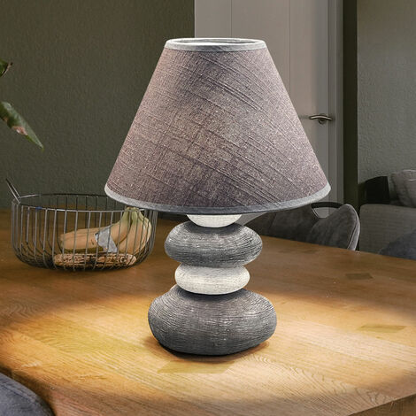 Textilschirm E14 grau Fassung, Tischlampe Keramik Steinoptik, Nachttischlampe Schlafzimmerlampe Leinen, 25x33,5cm 1x DxH: