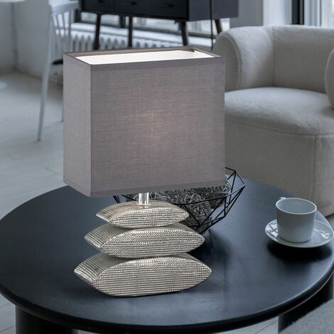 Tischleuchte chrom eckig, E14 grau, Beistellleuchte 3-teilig LxBxH Fassung, Leselampe 1x Nachttischlampe Textilschirm Keramikfuß modern