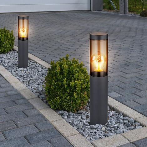 Wegeleuchte Pollerleuchte Außen Sockelleuchte Gartenlampen anthrazit, Standleuchte Balkon, Edelstahl rauchfarben, 1x E27 Fassung, DxH 7,6x45cm, 2er Set