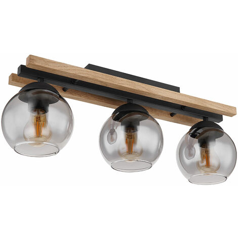 Deckenleuchte Deckenlampe Wohnzimmerlampe Esszimmerleuchte, Metall Eichenholz schwarz rauchfarben, 3 Flammig, E27, LxH 60x20,5 cm