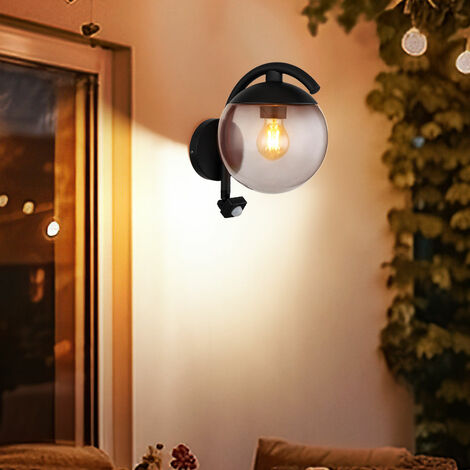 Wandleuchte IP44 Wand Sensor Lampe E27 schwarz Außenwandleuchte Metall Glaskugel, 1x Bewegungsmelder rauchfarben, Retro, Terrassen Außenbereich