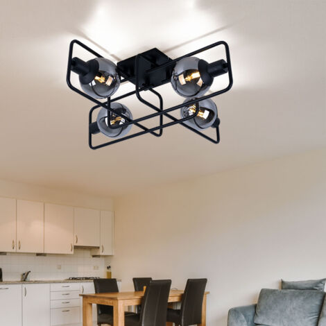 Industrielle LED Deckenleuchte Mit 4 Glaskugeln | Schwarz, 61x61 Cm, Dimmbar, Warmweiß