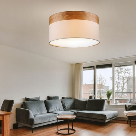 Deckenleuchte Deckenlampe Wohnzimmer Leuchte rund blau Holz Textil beige,  Metall Stoff, 3x E27 Fassungen, DxH 40x25